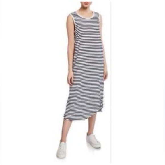 FRANK & EILEEN Black & White Stripe Tank Dress Midi Asymmetrical Hem Made in USA - Picture 3 of 8